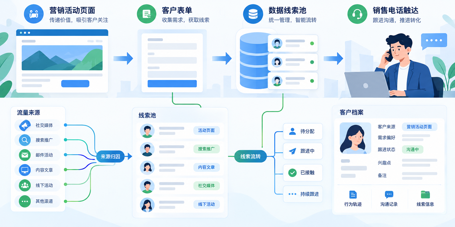 企业线索从活动获客进入电话触达与客户经营流程